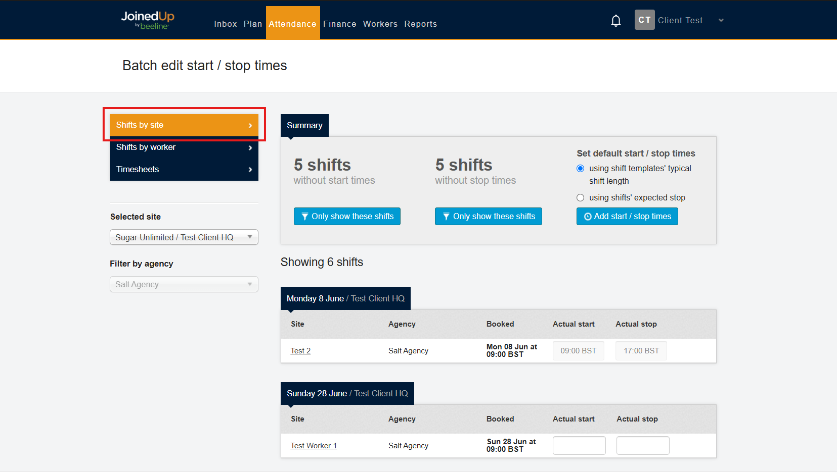 Shifts by Site tab