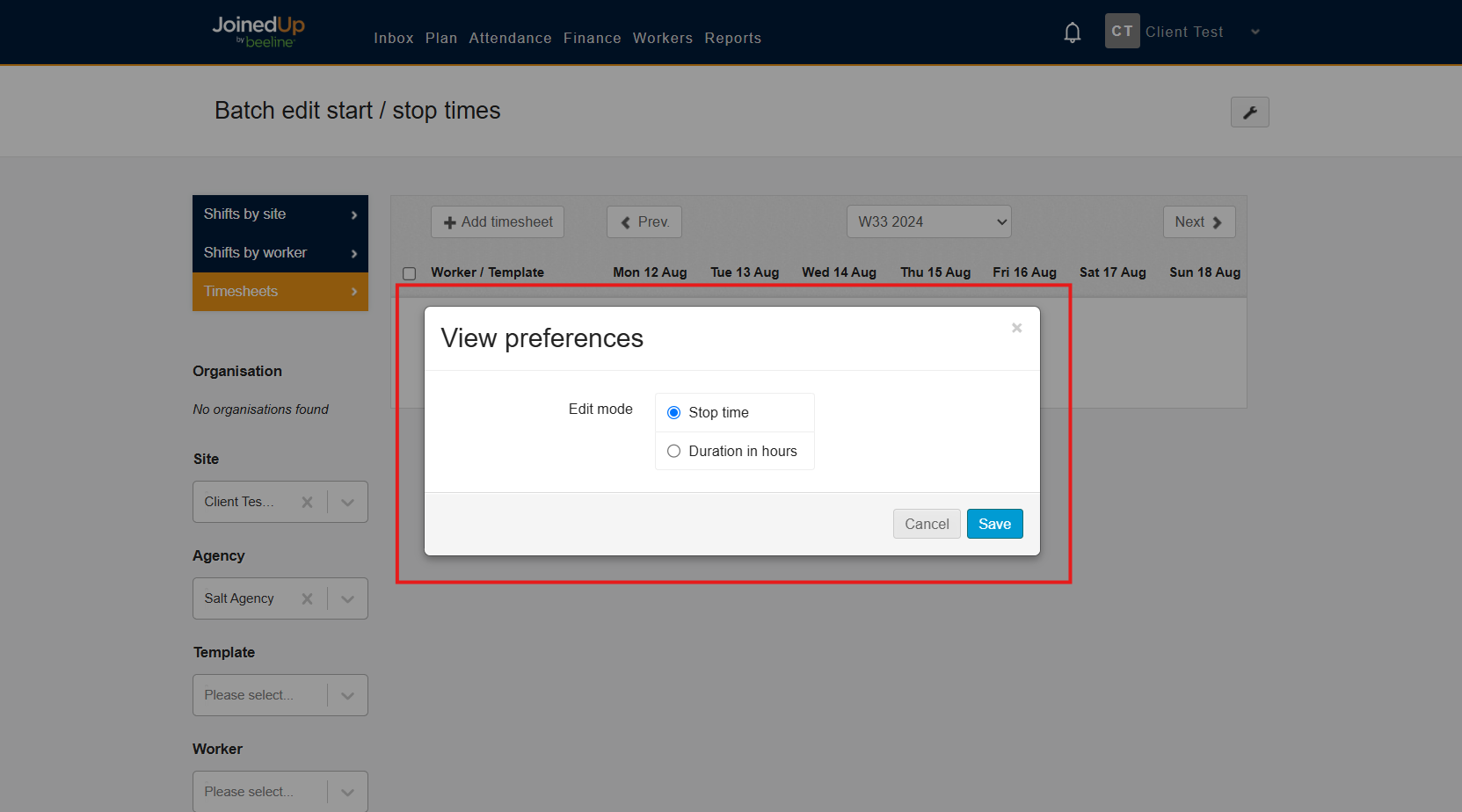 Timesheet edit mode selection