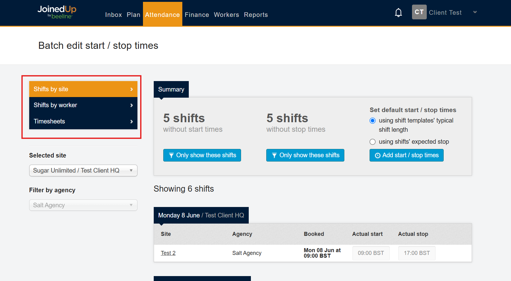 Batch edit start stop times screen