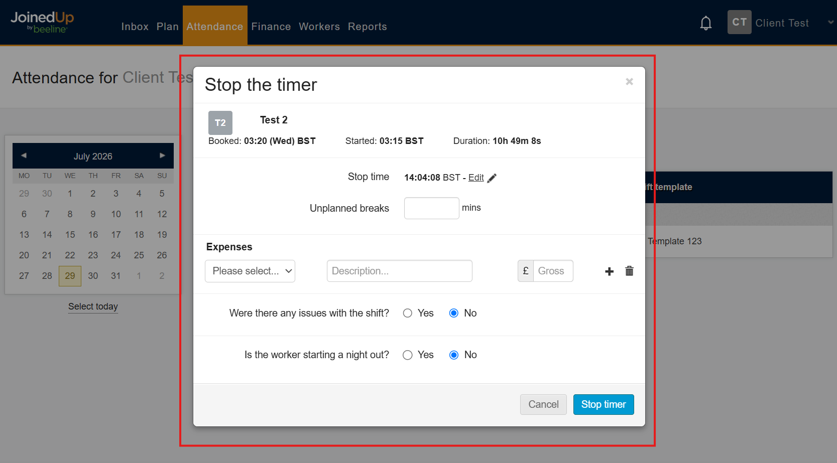 Stop shift modal with breaks and expenses