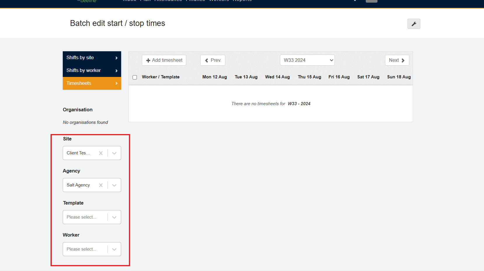 Timesheet filters