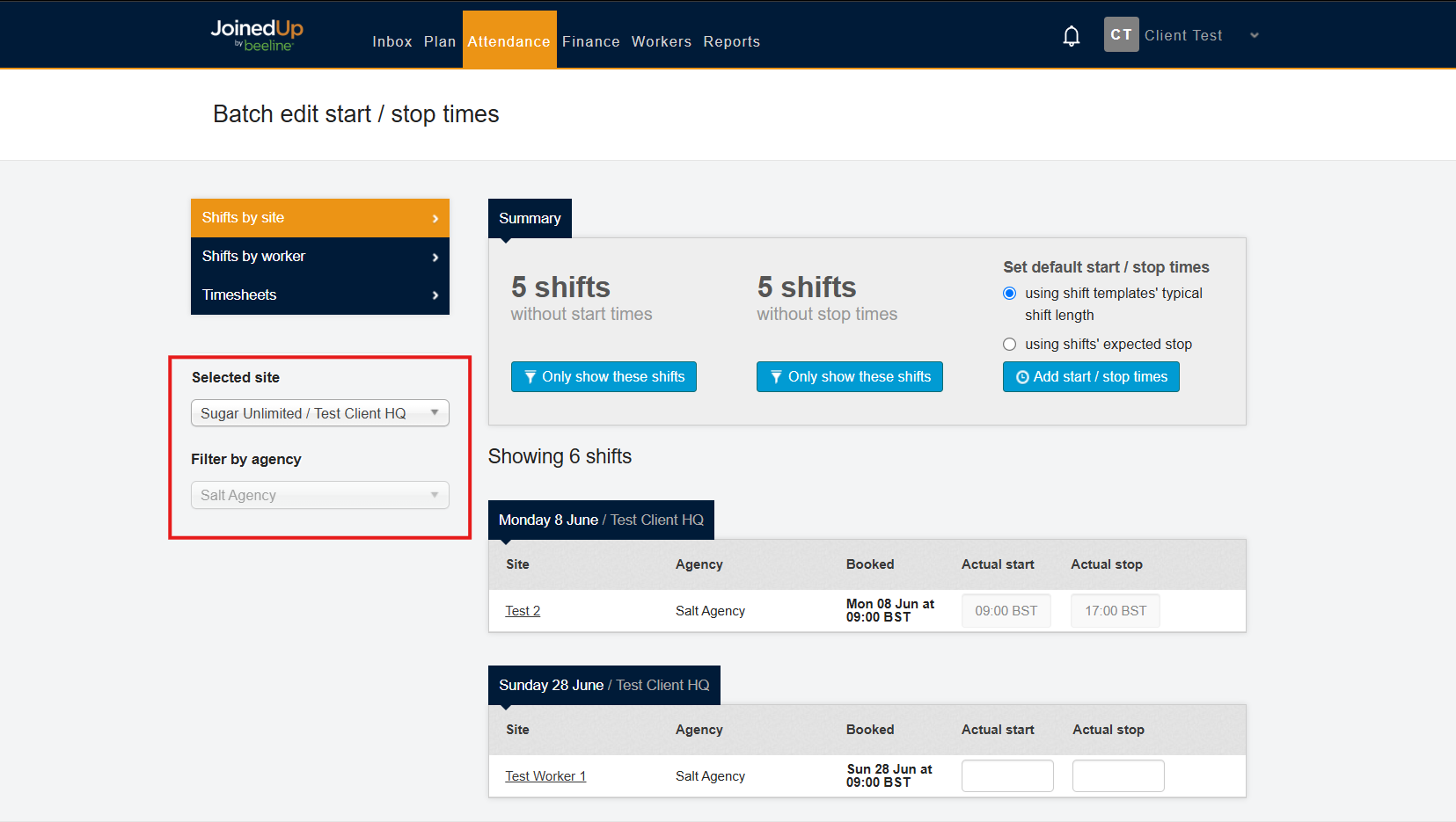 Site and agency filters