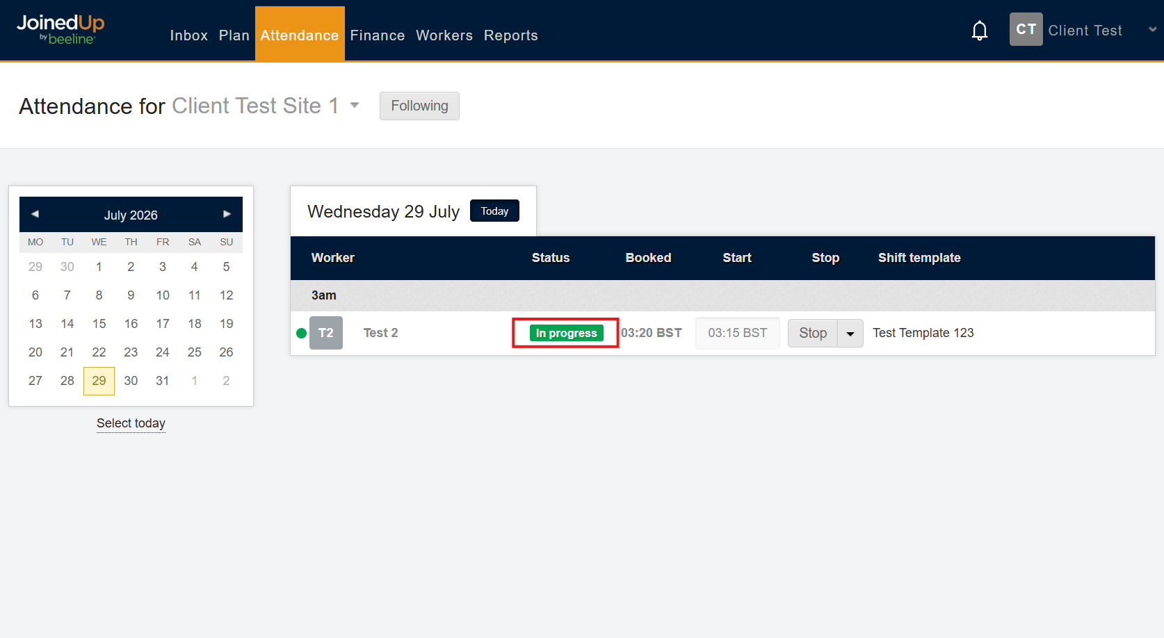 Shift in progress with actual start time