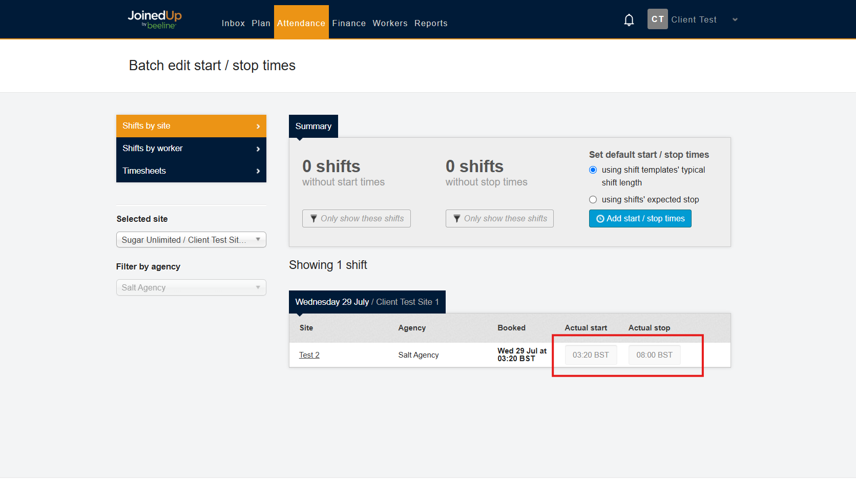 Editing existing start and stop times