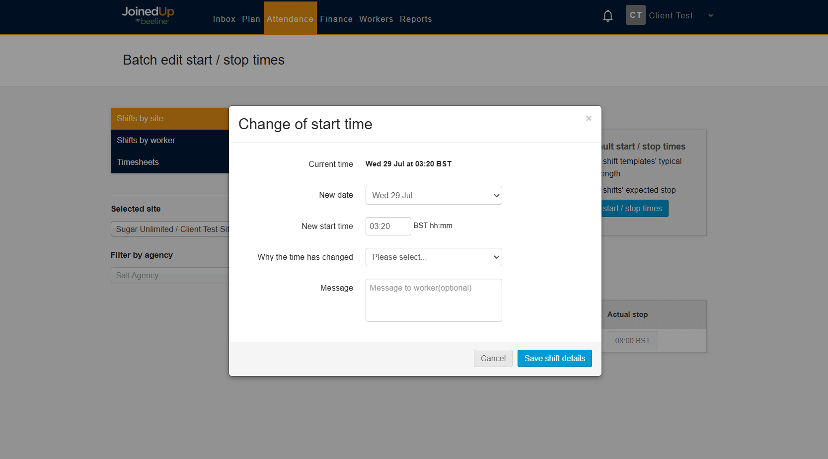 Edit shift details modal