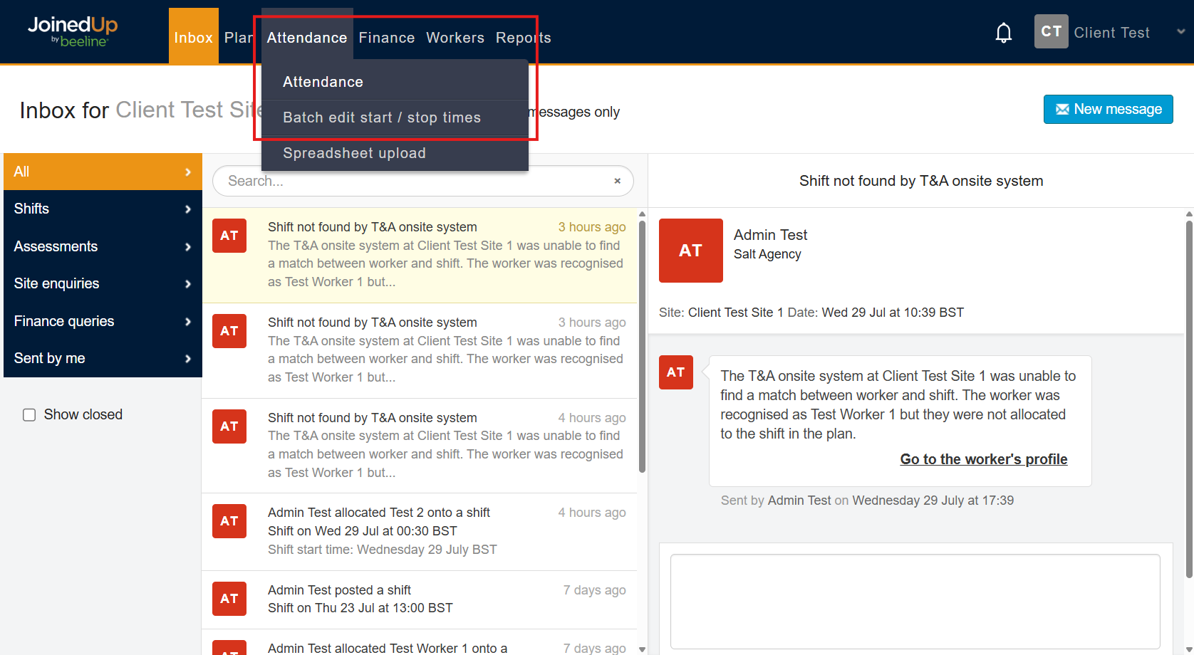 Attendance tab in the top navigation