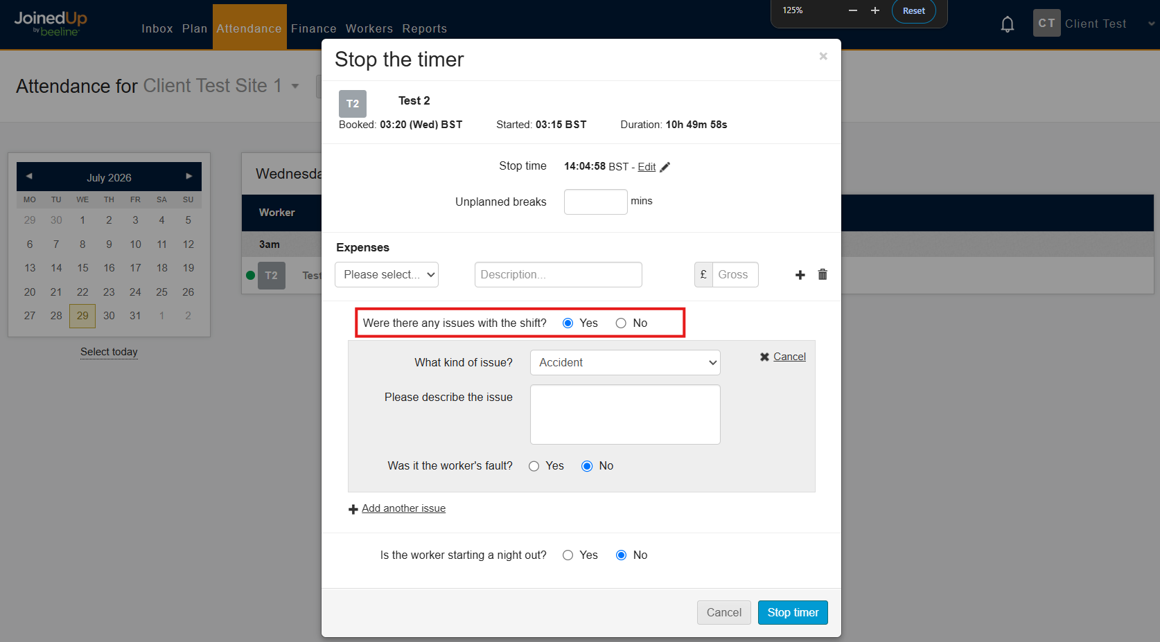 Shift issues option in stop modal