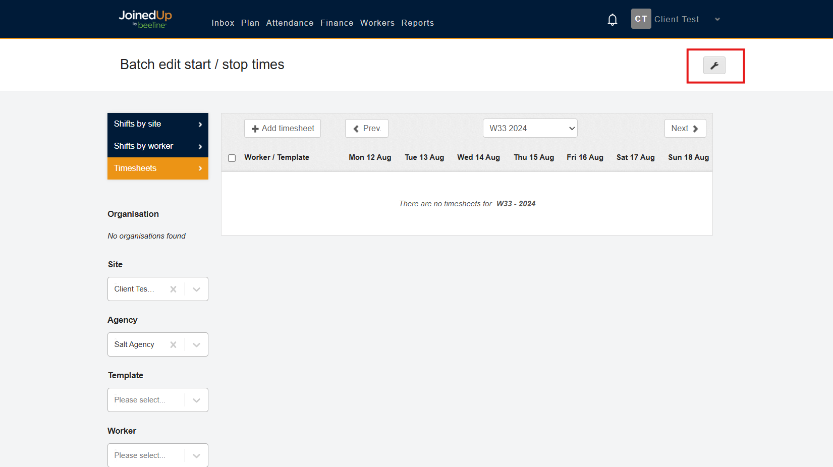 Tools icon on timesheets screen