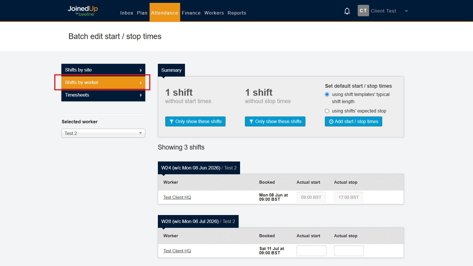 Shifts by Worker tab