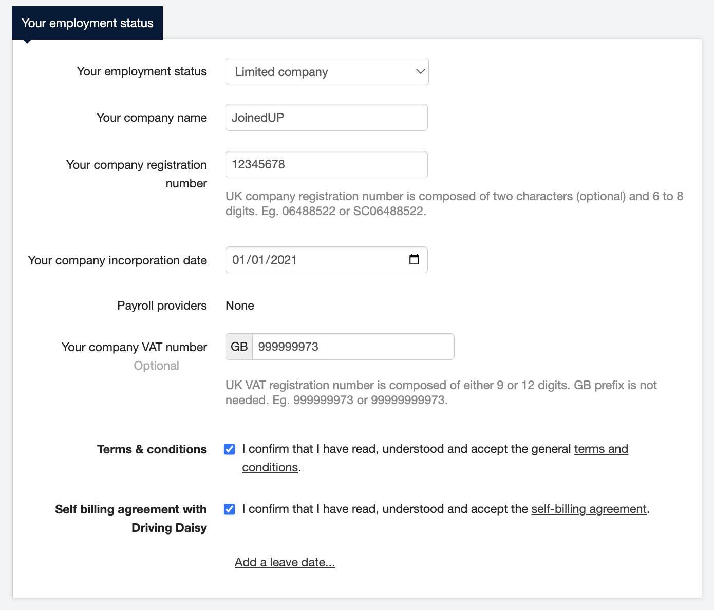 filling in your limited company details 1