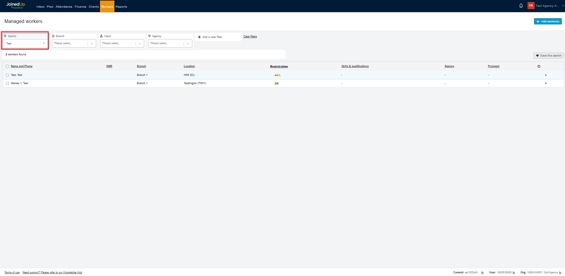 Search results in Managed Workers