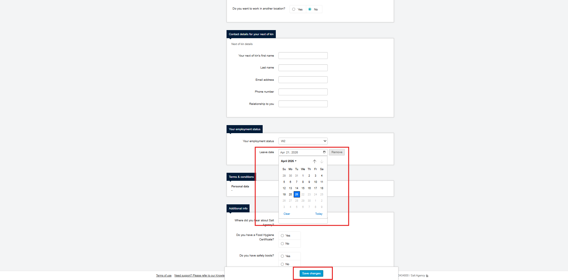 Add a leave date form with Save changes button