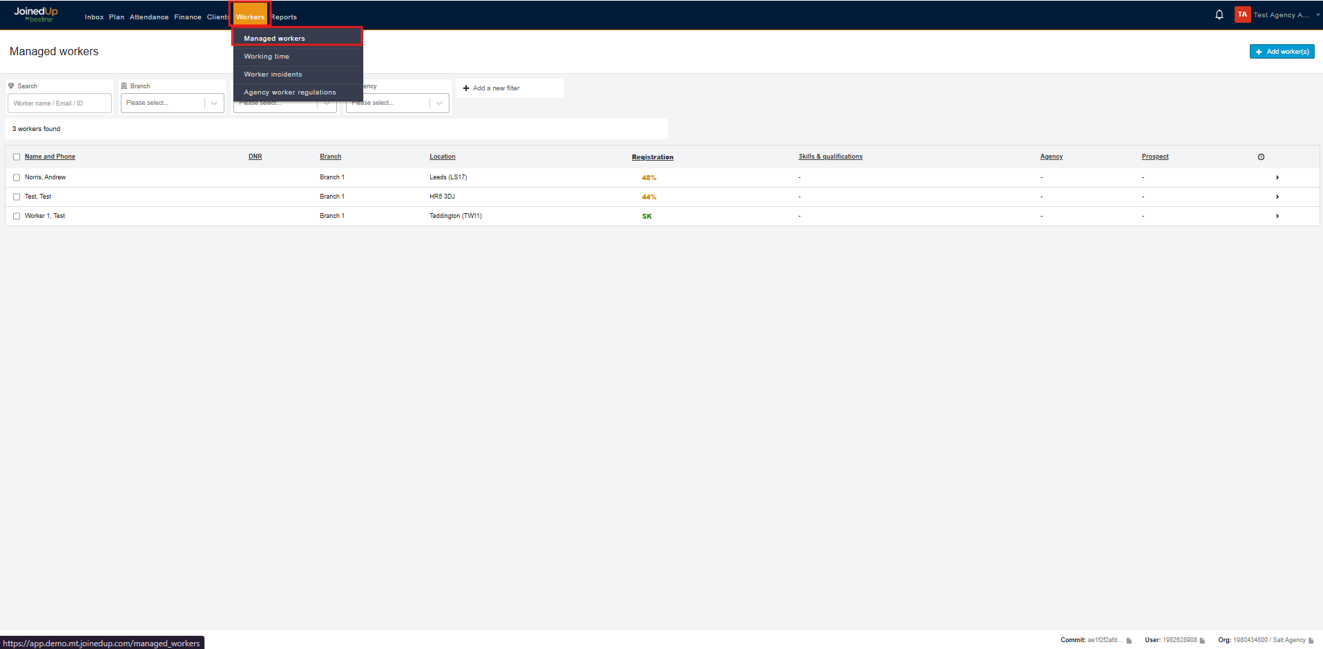 Managed Workers screen in the Workers tab
