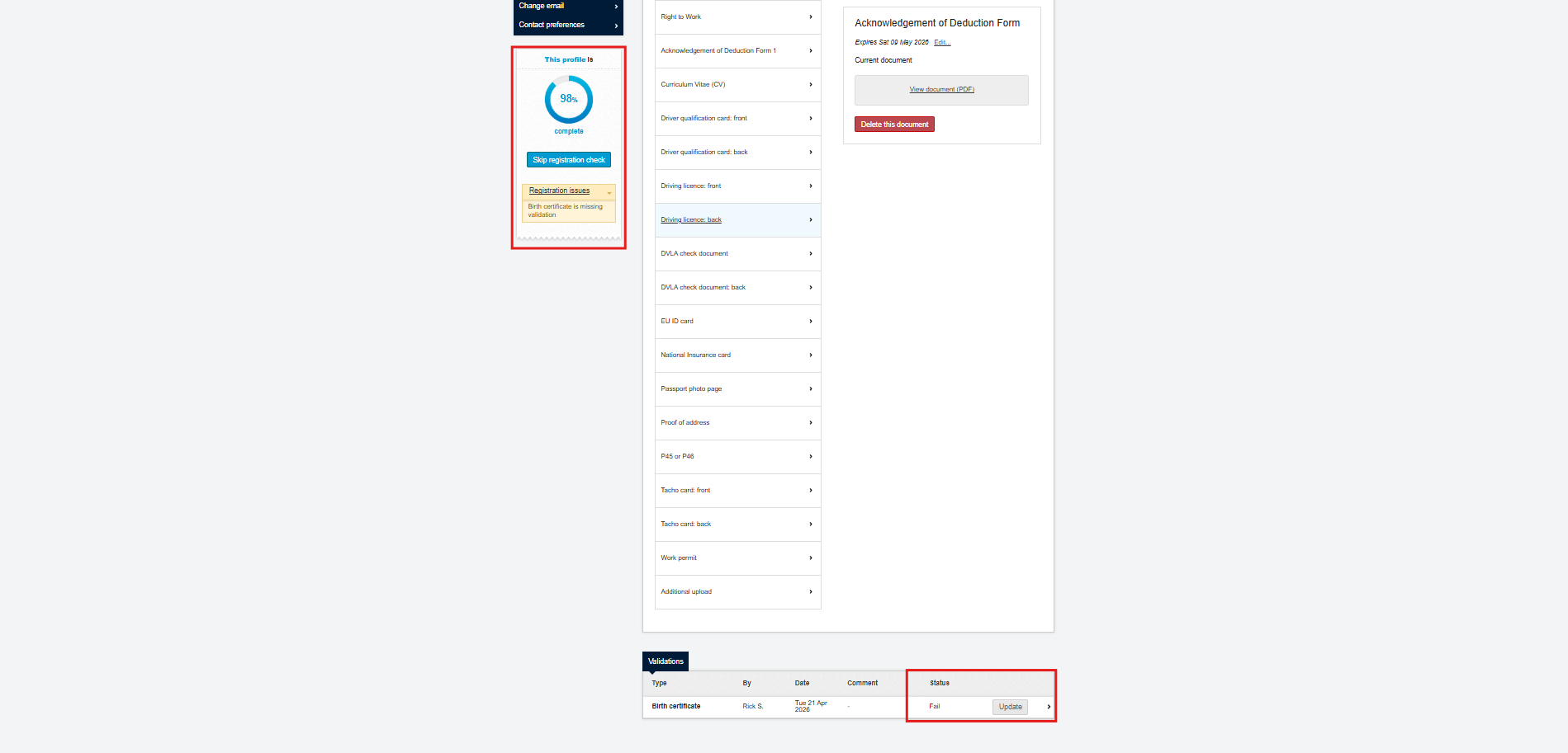 Worker profile showing document validation impact on registration