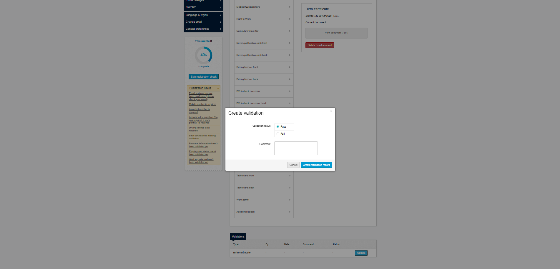 Document validation status options PASS FAIL and Requires validation