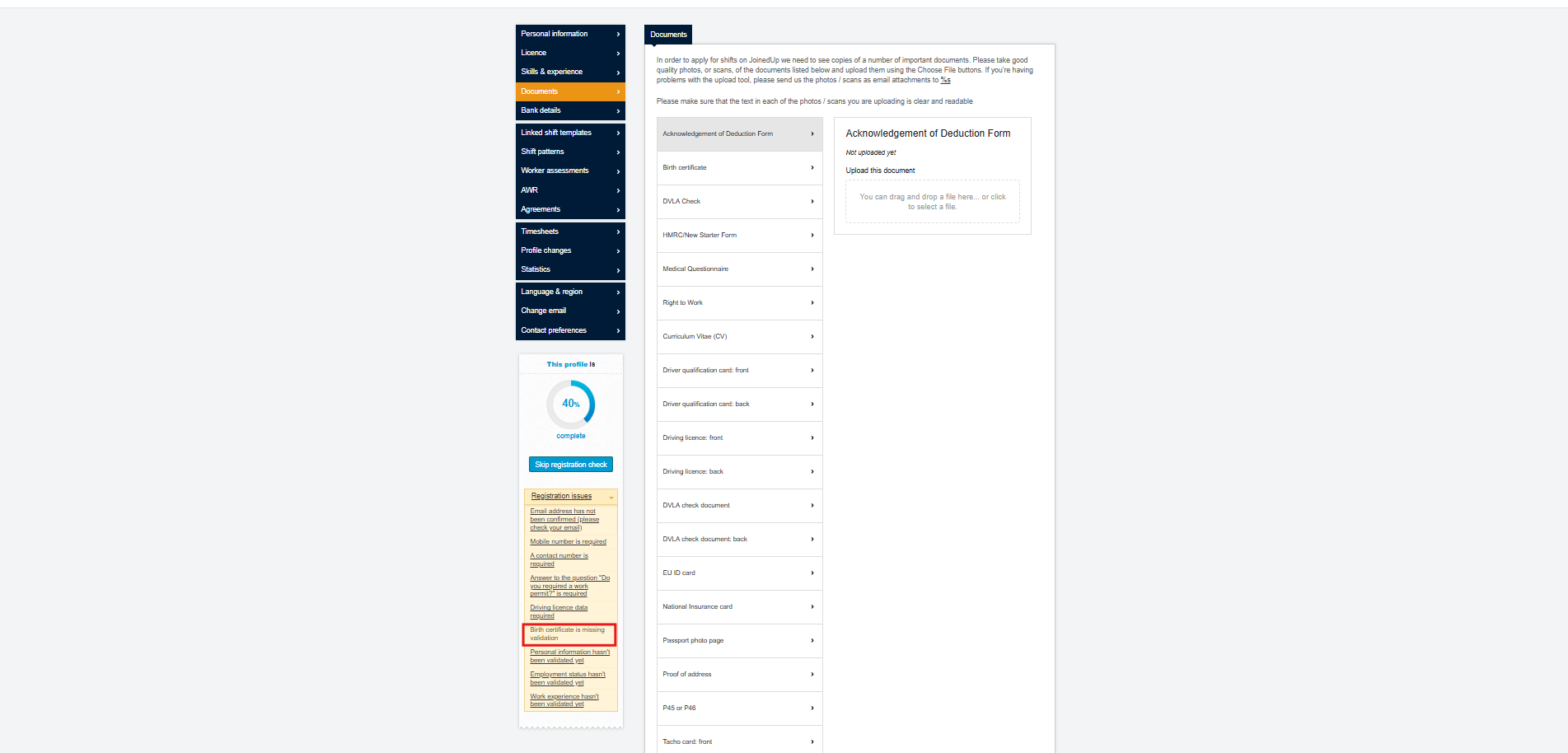 Worker profile registration percentage including required documents