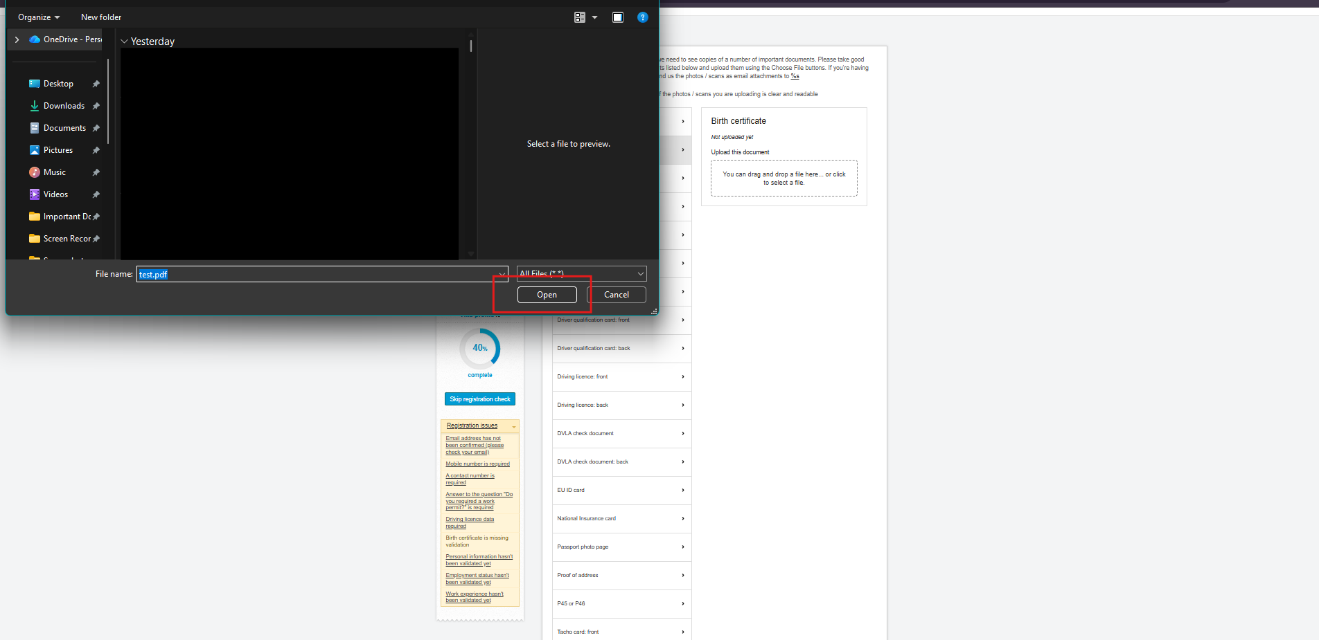 Uploaded document showing requires validation status