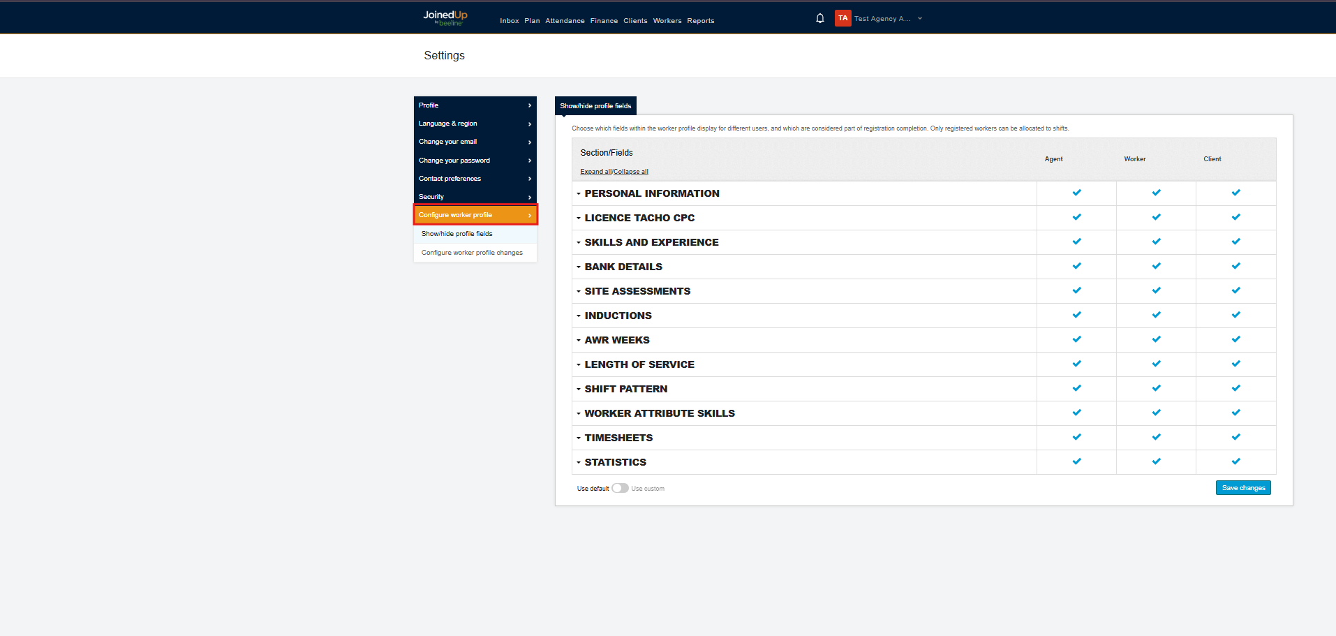 Settings page showing the Configure worker profile option