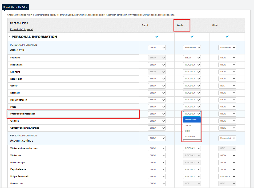 Drop-down menu on a field showing the available setting options