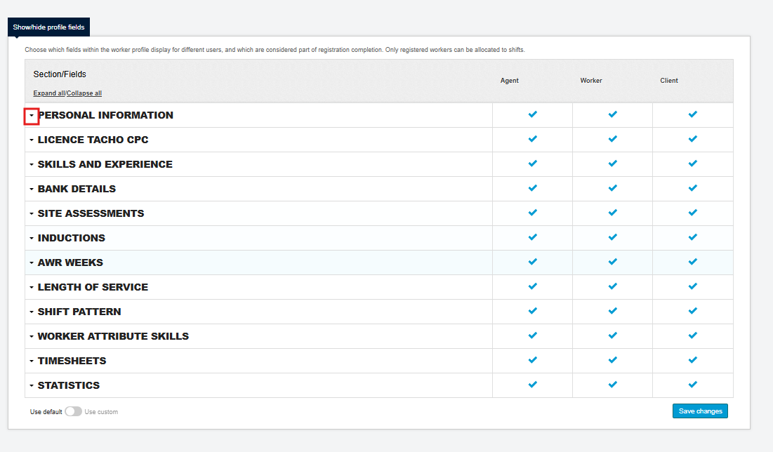 Arrow button next to a section used to expand its fields