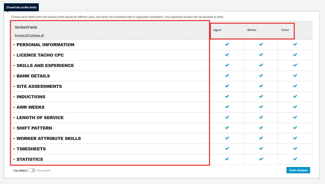 Hidden Elements screen showing categorised fields and user type columns
