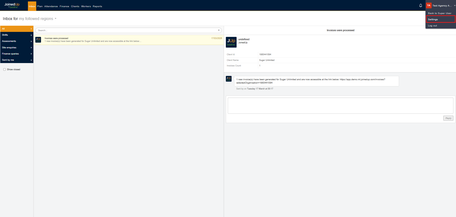Settings drop-down menu showing the Settings option