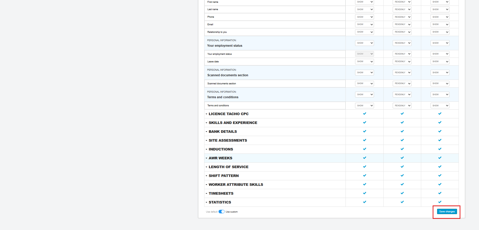 Save Changes button at the bottom of the Hidden Elements screen