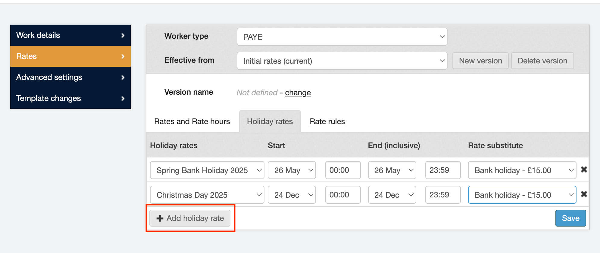 setting up bank holiday rates