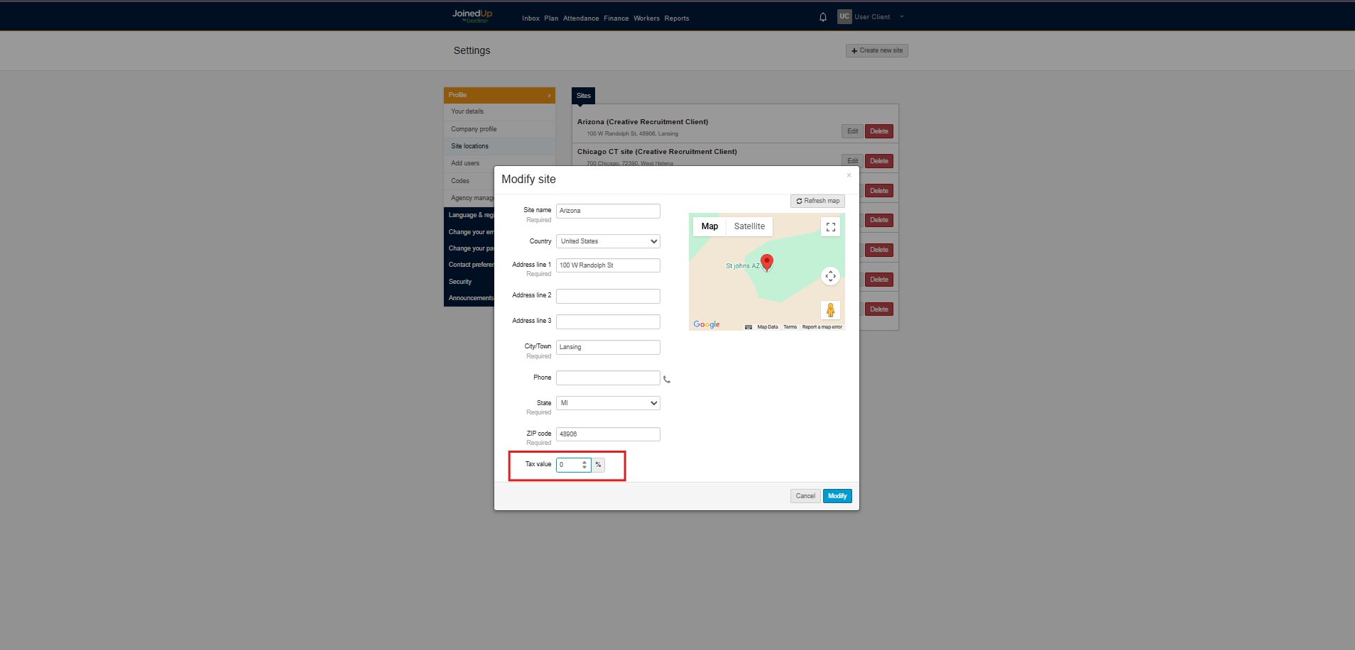 Tax value field and Modify button