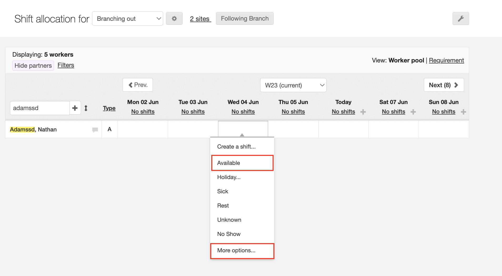 updating my workers availability branch screen 2