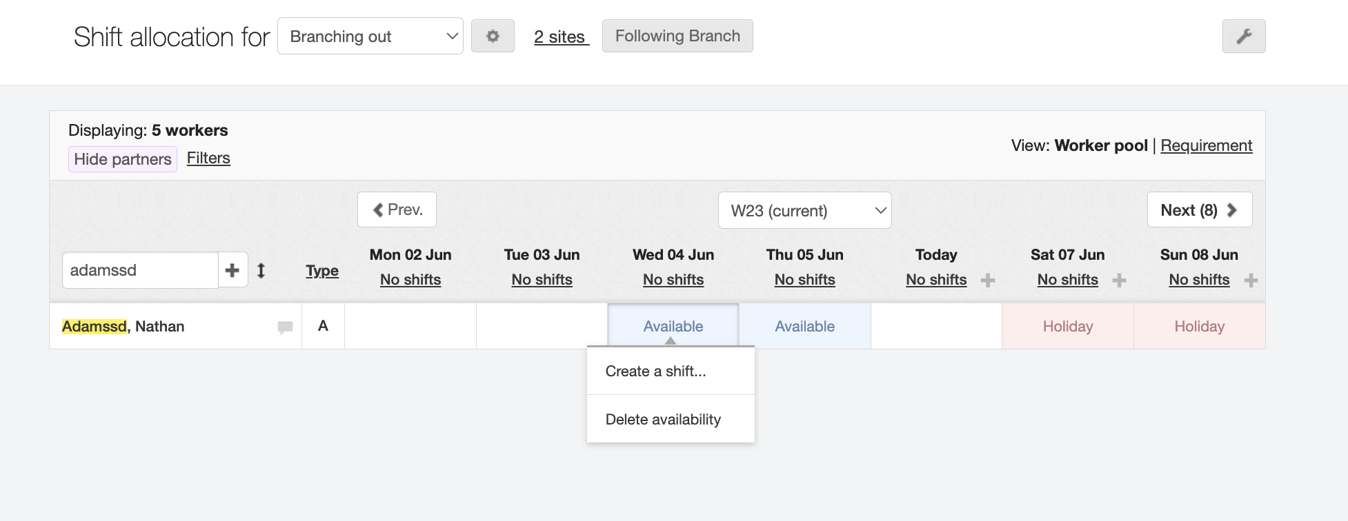 updating my workers availability branch screen 5